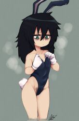  1girl adjusting_clothes adjusting_leotard animal_ears bags_under_eyes bare_shoulders black_hair black_leotard commentary corrupted_twitter_file english_commentary excessive_pubic_hair fake_animal_ears fake_tail female_pubic_hair gloves green_eyes hair_between_eyes hatsu_(hatsumiilkshake) highres kuroki_tomoko leotard loli long_hair looking_down playboy_bunny pubic_hair rabbit_ears rabbit_tail signature simple_background solo standing strapless strapless_leotard tail watashi_ga_motenai_no_wa_dou_kangaetemo_omaera_ga_warui! white_gloves 