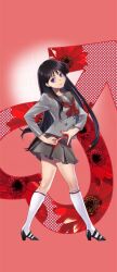 1girl bishoujo_senshi_sailor_moon black_hair commission high_heels highres hino_rei katt_sun lips long_hair mars_symbol miniskirt pleated_skirt sailor_collar school_uniform serafuku skeb_commission skirt socks solo ta_girls_school_uniform 