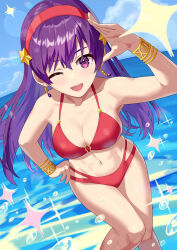  1girl asamiya_athena bikini bracelet breasts cleavage collar earrings hairband highres jewelry long_hair matching_hair/eyes medium_breasts navel one_eye_closed psycho_soldier purple_eyes purple_hair red_bikini snk solo sparkle swimsuit the_king_of_fighters yagi2013  rating:Sensitive score:31 user:danbooru