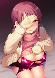 1girl blush bodycon breasts cleavage clothes_lift coat covered_erect_nipples covering_face female_focus gloves heart heart_o-ring heart_ring_top hip_vent idolmaster idolmaster_cinderella_girls lifting_own_clothes long_hair looking_at_viewer mifune_miyu o-ring panties purple_eyes purple_hair purple_panties pussy_juice satou_kuuki sitting skirt smile solo sweatdrop sweater sweater_lift underwear rating:Explicit score:133 user:danbooru