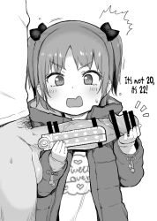 1boy 1girl ^^^ atte_nanakusa bar_censor bow censored clothes_writing coat d: fingernails greyscale hair_bow hard-translated large_penis loli long_sleeves looking_at_penis looking_down male_pubic_hair measuring monochrome no_pants open_mouth original penis penis_awe penis_measuring pubic_hair ruler shirt short_hair third-party_edit translated two_side_up v-shaped_eyebrows white_background rating:Explicit score:546 user:ultrablue
