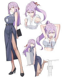  1girl armpits arms_behind_back arms_up barefoot black_shoes c-eye clenched_hands commentary_request dougi full_body grey_shirt hair_ribbon high_heels highres holding holding_paper incoming_attack incoming_punch lanyard long_hair looking_at_viewer mouth_hold multiple_views office_lady open_mouth original paper paper_stack parted_lips pink_eyes pink_hair ponytail pumps punching ribbon ribbon_in_mouth shirt shoes side_slit simple_background skirt sleeveless sleeveless_shirt sports_bra tying_hair upper_body white_background white_sports_bra 