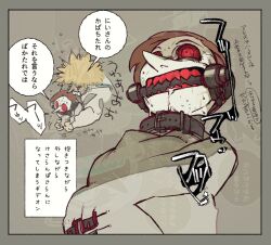  3boys bakushi_(smys2017) belt belt_buckle belt_collar bit_gag black_belt blonde_hair border brothers brown_hair buckle collar colored_sclera colored_skin colored_teeth commentary_request fluffy_hair from_behind gag gagged gideon_(vlad_grimms) grey_background grey_border hug hug_from_behind jacket long_nose long_sleeves male_focus multiple_boys nostrils overlapped_images pinocchio_(vlad_grimms) pointy_nose puffy_long_sleeves puffy_sleeves red_eyes red_sclera red_teeth restrained saliva siblings simple_background skirt speech_bubble straitjacket sweatdrop tabard tears teeth translation_request upper_body vampire veins vlad_grimms white_jacket white_skin white_skirt white_sleeves white_tabard 
