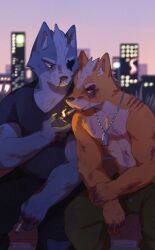  2boys animal_ears black_pants black_shirt blood cigarette cityscape commentary dog_tags dustifang english_commentary eyepatch fox_boy fox_ears fox_mccloud furry furry_male green_pants highres holding holding_cigarette holding_lighter injury jewelry lighter looking_at_another male_focus multiple_boys muscular muscular_male necklace nintendo nosebleed pants pectorals scar scar_across_eye scar_on_face shirt sitting star_fox topless_male wolf_boy wolf_ears wolf_o&#039;donnell 