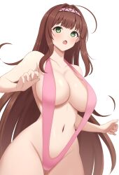  1girl :o absurdres ahoge blush breasts brown_hair cleavage collarbone commission cowboy_shot green_eyes groin hair_intakes hairband highres large_breasts linea_alba long_hair looking_at_viewer navel open_mouth pink_hairband pink_slingshot_swimsuit second-party_source senran_kagura senran_kagura_new_link shiny_skin sideboob simple_background skeb_commission slingshot_swimsuit solo standing surippa1010 swimsuit thigh_gap ui_(senran_kagura) white_background  rating:Sensitive score:18 user:danbooru