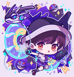  1boy :o aqua_eyes black_hat black_sclera black_socks blush blush_stickers brown_eyes brown_hair brown_shoes cellphone chibi closed_mouth collared_shirt colored_sclera florian_(pokemon) gen_4_pokemon great_ball hat highres holding holding_tera_orb kohinata_kanoo miraidon necktie nintendo non-humanoid_robot open_mouth phone pixel_eyes poke_ball pokemon pokemon_(creature) pokemon_sv purple_necktie purple_shorts robot rotom rotom_phone school_uniform shirt shoes short_hair short_sleeves shorts smartphone socks tera_orb uva_academy_school_uniform white_shirt 