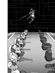  6+boys absurdres buried chainsaw_man final_destination_(smash_bros) fire_emblem fox_mccloud furry greyscale hand_up highres marth_(fire_emblem) monochrome multiple_boys nintendo parody porcelainpants star_fox super_smash_bros. sword twitter_username weapon 