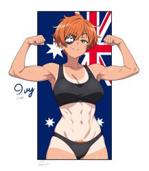  1girl :3 abs absurdres armpits arms_up artist_name australian_flag black_bra black_panties black_pantyhose black_sports_bra bra breasts cameltoe character_name clenched_hands commentary commission cropped_legs double_biceps_pose english_commentary eyepatch female_pubic_hair flag_background flexing green_eyes highres ivy_(wafflemann115) large_breasts muscular muscular_female nalathorm navel orange_hair original panties pantyhose pubic_hair pubic_hair_peek short_hair solo sports_bra tan tanline tomboy twitter_username underwear underwear_only white_background 