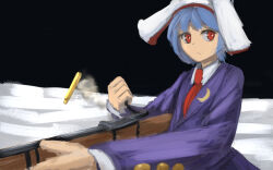  1girl blazer blue_hair casing_ejection closed_mouth collared_shirt commentary_request crescent crescent_pin expressionless gun holding holding_gun holding_weapon jacket long_sleeves looking_at_viewer purple_jacket rabbit_girl red_eyes reisen_(touhou_bougetsushou) ritsuzou shell_casing shirt short_hair smoke solo touhou upper_body weapon white_shirt 