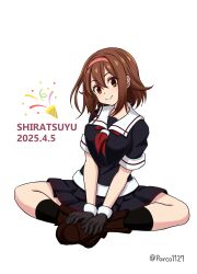  1girl absurdres black_gloves black_serafuku black_skirt black_socks boots breasts brown_boots brown_hair gloves hair_between_eyes hairband highres kantai_collection large_breasts looking_at_viewer lotus_position miniskirt neckerchief orange_hairband pleated_skirt porco1127 red_eyes red_neckerchief school_uniform serafuku shiratsuyu_(kancolle) short_hair short_sleeves sitting skirt smile socks solo 