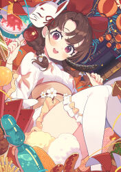  1girl :d aerial_fireworks bell blush braid breasts brown_hair candy_apple chicken_(food) chocolate-covered_food chocolate_banana commentary_request corn corn_cob cotton_candy feet_out_of_frame fireworks food fox_mask french_fries fried_chicken frilled_thighhighs frills fruit hair_bell hair_ornament hair_over_shoulder highres holding holding_food hot_dog ikayaki japanese_clothes jingle_bell kimono knees_together_feet_apart long_hair looking_at_viewer low_twintails mask mask_on_head medium_breasts night night_sky obi open_mouth original outdoors pinwheel purple_eyes ramune ribbon-trimmed_thighhighs ribbon_trim sash shaved_ice sky smile solo tam-u thighhighs torii twin_braids twintails watermelon watermelon_slice white_kimono white_thighhighs 