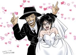  aquiline_nose beard coat dress facial_hair fedora formal_clothes glasses hange_zoe hat heart highres kenny_ackerman nose paku_romi rakugakiya3cinnamonginger shingeki_no_kyojin suit trench_coat voice_actor_connection wedding_dress yamaji_kazuhiro 