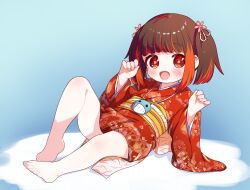  1girl :d babalilo barefoot blue_background blush brown_hair commentary_request emi_(monobeno) gradient_background highres japanese_clothes jewelry kimono legs long_sleeves looking_at_viewer lying monobeno multicolored_hair obi on_back open_mouth pendant print_kimono red_eyes red_hair red_kimono sash short_hair smile solo thighs toes twintails two-tone_hair wide_sleeves 