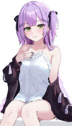  1girl artist_name bare_legs black_jacket black_nails black_ribbon blunt_ends bow center-flap_bangs closed_mouth commentary_request double-parted_bangs earrings feet_out_of_frame fingernails frilled_chemise green_eyes grey_bow hair_ornament hair_over_shoulder hair_ribbon hairclip hand_on_own_chest hand_up heart heart_earrings highres hiragi_1014 hololive jacket jacket_partially_removed jewelry light_blush long_hair nail_polish no_pants off_shoulder open_clothes open_jacket parallel_hairclips purple_hair ribbon simple_background sitting sleeve_bow sleeveless smile solo tokoyami_towa two_side_up unzipped very_long_hair virtual_youtuber white_background white_chemise 