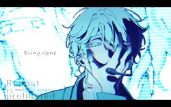  1boy alien_stage colored_extremities colored_eyelashes commentary english_text engrish_text hand_on_own_face headset highres jewelry letterboxed luka_(alien_stage) male_focus microphone okrakun ranguage ring short_hair solo song_name thumb_ring watermark yellow_eyes zoom_layer 
