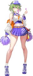 1girl ;d belt breasts candy character_name colored_inner_hair dragon_print food full_body green_hair grin holding holding_candy holding_food holding_lollipop holding_pom_poms jacket kakage lollipop medium_hair miniskirt multicolored_hair multicolored_shoes navel neckerchief obama_amane official_art one_eye_closed onsen_musume open_clothes open_jacket open_mouth orange_belt orange_neckerchief pink_hair pleated_skirt pom_pom_(cheerleading) pom_poms purple_eyes purple_sailor_collar purple_skirt sailor_collar shirt shoes simple_background skirt sleeveless sleeveless_shirt smile socks solo standing streaked_hair teeth transparent_background two-tone_hair two-tone_shoes visor_cap white_jacket white_shirt white_shoes white_socks 