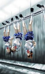 3girls bdsm black_hair bondage bound bound_wrists braid brown_hair chain female_focus gin_nasu multiple_girls peril school_uniform short_hair source_request suspension twin_braids upside-down rating:Questionable score:35 user:demetrio-001000