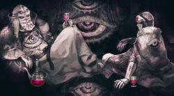  2boys alcohol character_request cup eye_print gauntlets grey_theme hand_tattoo hat hat_over_eyes horocca jewelry kaze_no_tani_no_nausicaa looking_at_another male_focus multiple_boys namulith reclining red_eyes robe smile solo spot_color tattoo veil wine 