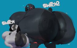  2girls absurdres animal_ears ass black_eyes blue_background breasts curvy dog_ears dog_tail eyelashes from_behind furry gigantic_breasts half-closed_eyes heart highres huge_ass huge_breasts looking_at_viewer looking_back motylek multiple_girls nintendo nintendo_switch nintendo_switch_2 open_mouth presenting shortstack size_difference smile standing sweat switch_dog tail thick_thighs thighs wide_hips 