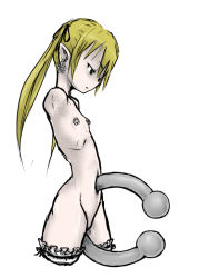  10646 1girl amputee blonde_hair female_focus long_hair navel navel_piercing nipple_piercing nipples nude piercing pointy_ears quadruple_amputee simple_background solo twintails white_background 