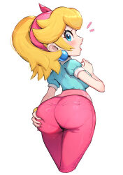  1girl absurdres aqua_shirt artistic_error ass blonde_hair blue_eyes blue_shirt blush bracelet breasts earrings gonzarez hair_ribbon hairband highres jewelry large_breasts long_hair looking_at_viewer mario_(series) mario_kart mario_kart_world nintendo open_mouth pants pink_hairband pink_pants pink_ribbon princess_peach princess_peach_(sightseeing) ribbon shirt sideboob simple_background solo sphere_earrings white_background wrong_hand 