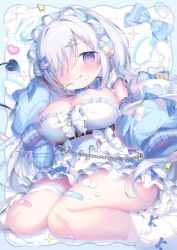  1girl bandaid bandaid_on_leg blush bow breasts cleavage demon_tail detached_sleeves dress frills hair_ornament hair_over_one_eye headdress large_breasts long_hair long_sleeves original purple_eyes short_dress smile solo tail thighs tongue tongue_out tsukimi_mumi white_bow white_dress white_hair 