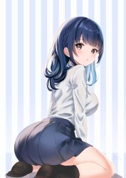 1girl :o absurdres ass black_hair black_skirt black_socks blunt_bangs blush boku_no_kokoro_no_yabai_yatsu breasts brown_eyes dated eyelashes fluno from_behind highres large_breasts long_hair long_sleeves parted_lips pleated_skirt school_uniform seiza shirt signature sitting skirt socks solo thighs white_shirt yamada_anna rating:General score:35 user:danbooru