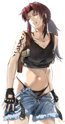  1girl absurdres annoyed black_lagoon black_panties brown_hair cigarette collarbone cowboy_shot crop_top denim denim_shorts fingerless_gloves gloves gun highres holster long_hair looking_to_the_side navel out_of_frame panties parted_bangs ponytail rebel_i revy_(black_lagoon) shorts shoulder_holster shoulder_tattoo sidelocks simple_background smoking solo tattoo teeth unbuttoned underwear undressing unzipped upper_body weapon white_background yellow_eyes 