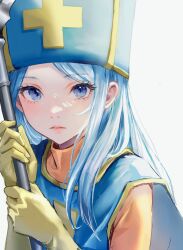  1girl blue_eyes blue_hair blue_tabard bodysuit closed_mouth commentary_request cross dragon_quest dragon_quest_iii gloves hat highres holding holding_staff long_hair looking_at_viewer mitre orange_bodysuit priest_(dq3) sariyu_(user_cjpu8287) solo staff tabard upper_body white_background yellow_gloves yellow_trim 