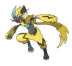  absurdres artist_request blue_eyes claws fangs full_body gen_7_pokemon highres legendary_pokemon mythical_pokemon nintendo official_art open_mouth pokemon pokemon_(creature) pokemon_focus pokemon_usum solo third-party_source transparent_background zeraora 