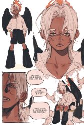  1boy bird black_boots black_shorts black_wings boots collared_shirt commentary dark-skinned_male dark_skin fire highres korean_text mnnd one_piece open_mouth pigeon rob_lucci seraphim_(one_piece) shirt shorts sitting speech_bubble star-shaped_pupils star_(symbol) symbol-only_commentary symbol-shaped_pupils translation_request v-shaped_eyebrows white_hair white_shirt wings 