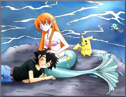  1boy 1girl alternate_hair_length alternate_hairstyle ash_ketchum belt belt_buckle black_hair black_shirt blue_pants bra buckle cleopatrawolf closed_eyes gen_1_pokemon green_eyes hair_ornament hand_on_another&#039;s_head horsea jewelry lap_pillow long_hair looking_at_another mermaid_misty_(pokemon) misty_(pokemon) necklace nintendo orange_hair pants pikachu pink_bra pokemon pokemon_(anime) pokemon_(classic_anime) pokemon_(creature) shirt short_hair sleeping sleeping_on_person smile spiked_hair underwear water wet wet_hair  rating:Sensitive score:13 user:adriandragonus123