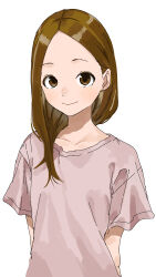 1girl absurdres brown_eyes brown_hair closed_mouth collarbone commentary_request forehead highres karakai_jouzu_no_(moto)_takagi-san karakai_jouzu_no_takagi-san long_hair looking_at_viewer mature_female parted_bangs pink_shirt shirt short_sleeves simple_background smile solo t-shirt takagi-san upper_body white_background yamamoto_souichirou rating:General score:28 user:danbooru