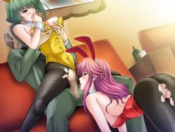  1boy 2girls age_difference animal_ears bald bisexual_female blush breasts censored crepe_(company) dutch_angle fake_animal_ears grabbing_another&#039;s_breast green_hair groping incest indoors leotard licking long_hair multiple_girls no_bra old old_man pantyhose penis playboy_bunny pussy rabbit_ears sex sex_slave_widow short_hair siblings sisters vaginal widow_(dragonaut) wrist_cuffs 