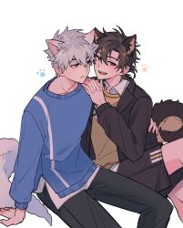  2101341bbb 2boys absurdres animal_ears arm_support black_hair black_jacket black_pants black_shorts blue_eyes blue_sweater blush brown_eyes brown_hair cat_boy cat_ears cat_tail cheng_xiaoshi closed_mouth collared_shirt dog_boy dog_ears dog_tail extra_ears eye_contact fangs feet_out_of_frame hair_between_eyes hand_up highres interlocked_fingers invisible_chair jacket kemonomimi_mode long_sleeves looking_at_another lu_guang male_focus multiple_boys official_alternate_costume open_clothes open_jacket open_mouth own_hands_together pants paw_print ponytail shiguang_dailiren shirt short_hair short_ponytail shorts simple_background sitting smile sweater tail teeth white_background white_hair white_shirt yaoi yellow_sweater 