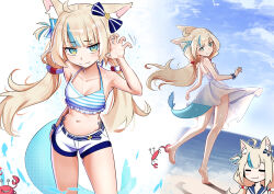  1girl :3 =_= absurdres ahoge animal_ear_fluff animal_ears barefoot beach bikini bikini_under_shorts blonde_hair blue_bow blue_eyes blue_hair blue_nails blue_sky blush blush_stickers bow breasts cat_ears cd_usr claw_pose closed_mouth cloud commentary crab dress english_commentary feet fingernails fins fish_girl fish_tail floating_hair frilled_bikini frills hair_bow hair_ornament highleg highleg_bikini highres indie_virtual_youtuber long_hair looking_at_viewer low_twintails motion_lines multicolored_hair multiple_views nail_polish navel ocean one_side_up sameko_saba shore short_shorts shorts side-tie_bikini_bottom sky sleeveless sleeveless_dress small_breasts smile soles standing standing_on_one_leg streaked_hair string_bikini striped_bikini striped_clothes sundress swimsuit tail twintails very_long_hair virtual_youtuber white_dress white_shorts 