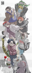  3boys 4girls absurdres acrobatic_silky_(dandadan) alien alternate_costume antennae ayase_momo ayase_seiko black_hair blonde_hair brown_hair candy_apple commentary dandadan enjoji_jin food glasses green_eyes hair_between_eyes highres holding_candy_apple long_hair multiple_boys multiple_girls pakupaku_keema pink_eyes pink_hair qr_code sakata_kinta serpo_(dandadan) shiratori_aira_(dandadan) shoes short_hair sneakers takakura_ken_(dandadan) turbo_granny_(dandadan) vamola_(dandadan) 