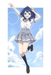  1girl absurdres blue_eyes blue_hair blue_sky blue_socks border bow bowtie brown_shoes cloud collared_shirt double_v grey_skirt highres jumping kneehighs loafers long_hair luyue make_heroine_ga_oo_sugiru! open_mouth pleated_skirt school_uniform shirt shirt_tucked_in shoes short_sleeves signature skirt sky socks solo v white_border white_shirt yanami_anna 