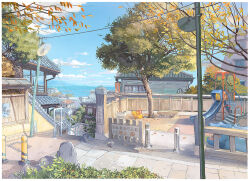  architecture autumn_leaves banister bench blue_sky bollard building city cityscape cloud commentary dappled_sunlight day east_asian_architecture english_commentary fence foliage gom_jabbar gutter hippopotamus lamppost leaf no_humans ocean original outdoors park_bench photoshop_(medium) playground portable_barricade power_lines procreate_(medium) railing rock sett sidewalk sign sky slide spring_rider stairs sunlight tile_roof tree window wooden_fence wooden_railing 