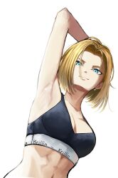  1girl abs android_18 arm_up armpits black_sports_bra blonde_hair blue_eyes breasts cleavage closed_mouth cropped_torso dragon_ball dragonball_z earrings forehead hand_in_own_hair highres hoop_earrings jewelry looking_at_viewer medium_breasts midriff parted_hair sports_bra tsunkyunn 
