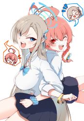  2girls absurdres ahoge asuna_(blue_archive) asuna_(school_uniform)_(blue_archive) asymmetrical_bangs black_choker blue_archive blue_bow blue_bowtie blue_halo blue_ribbon blue_scrunchie blush body_switch bow bowtie braid button_gap choker comiket_106 hair_over_one_eye halo highres long_hair loose_bowtie marusa565 mole mole_under_each_eye mole_under_eye multiple_girls multiple_moles neru_(blue_archive) neru_(school_uniform)_(blue_archive) official_alternate_costume open_mouth orange_hair personality_switch pleated_skirt red_eyes ribbon school_uniform scrunchie shirt single_braid skirt sleeves_rolled_up smile speech_bubble spoken_character white_shirt wrist_scrunchie 