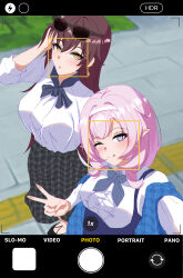  2girls ;) absurdres blue_bow blue_bowtie blue_eyes blue_scarf bow bowtie breasts brown_hair commentary eden_(honkai_impact) elf elysia_(honkai_impact) eyewear_on_head fake_phone_screenshot fake_screenshot gude_(gudechang) hairband highres honkai_(series) honkai_impact_3rd large_breasts long_hair multiple_girls official_alternate_costume one_eye_closed outdoors pink_hair pointy_ears scarf selfie shirt smile sunglasses symbol-only_commentary v viewfinder white_hairband white_shirt yellow_eyes 