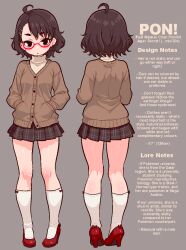  1girl ahoge black_hair black_skirt breasts brown_cardigan cardigan character_profile closed_mouth english_text glasses grey_background hair_ornament hairclip hands_in_pockets high_heels kneehighs long_sleeves miniskirt multiple_views original parallel_hairclips plaid_clothes plaid_skirt pleated_skirt pongldr red-framed_eyewear red_shoes semi-rimless_eyewear shoes short_hair simple_background skirt small_breasts socks under-rim_eyewear white_socks 