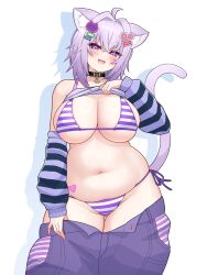  1girl animal_ear_fluff animal_ears bikini blush breasts cleavage commentary_request cowboy_shot dot_nose drop_shadow hair_between_eyes hair_intakes hair_ornament hairclip head_tilt highres hololive large_breasts looking_at_viewer mochigomemcmc navel nekomata_okayu open_mouth plump purple_eyes purple_hair simple_background solo striped_bikini striped_clothes swimsuit tail thick_thighs thighs virtual_youtuber white_background wide_hips 