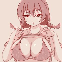  1girl bikini blush braid breasts cleavage clothes_lift emma_verde freckles growth170 large_breasts lifting_own_clothes love_live! love_live!_nijigasaki_high_school_idol_club monochrome parted_lips shirt_lift short_hair simple_background solo swimsuit twin_braids upper_body 