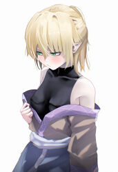  1girl 4rdilla absurdres black_sports_bra blonde_hair blush breasts brown_shirt closed_mouth commentary cowboy_shot embarrassed english_commentary green_eyes half_updo high_ponytail highres looking_afar looking_to_the_side medium_breasts mizuhashi_parsee pointy_ears ponytail sash shirt short_hair short_ponytail simple_background solo sports_bra touhou undressing white_background white_sash 