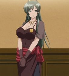  10s 1girl anime_screenshot breasts cleavage corsage curvy dress gloves green_eyes green_hair huge_breasts jewelry kiriya_hakushakuke_no_roku_shimai kiriya_nadeshiko long_hair necklace pink_pineapple ponytail stitched third-party_edit  rating:Sensitive score:45 user:Maximintermater