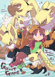  1boy 1girl blue_background body_fur brown_gloves brown_hair commentary_request digimon digimon_(creature) digimon_ghost_game dress floppy_ears furry furry_male gloves green_dress highres holding_hands jin_(jin3jin3) long_hair multiple_views neck_fur on_one_knee orange_eyes puffy_pants purple_eyes rabbit_boy symbareangoramon tail tsukiyono_ruli yellow_fur 