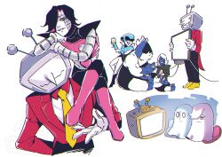  1girl 5boys ant_tenna arm_behind_back arm_on_another&#039;s_head black_hair black_pants boots crossed_legs crt cup deltarune drinking_glass ghost gloves grey_eyes holding holding_cup iduhara_jugo king_(deltarune) lancer_(deltarune) lips mechanical_arms mettaton mettaton_(ghost) mettaton_ex multiple_boys napstablook necktie object_head pants parted_lips pink_boots queen_(deltarune) rouxls_kaard shoes short_hair sitting sitting_on_person smile tailcoat undertale white_gloves white_hair yellow_necktie yellow_shoes 