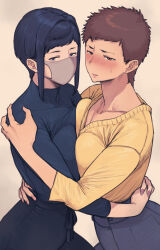  2girls black_hair blue_eyes blush breast_press brown_eyes brown_hair etsuzan_jakusui highres hug mask mature_female mouth_mask multiple_girls original symmetrical_docking turtleneck 